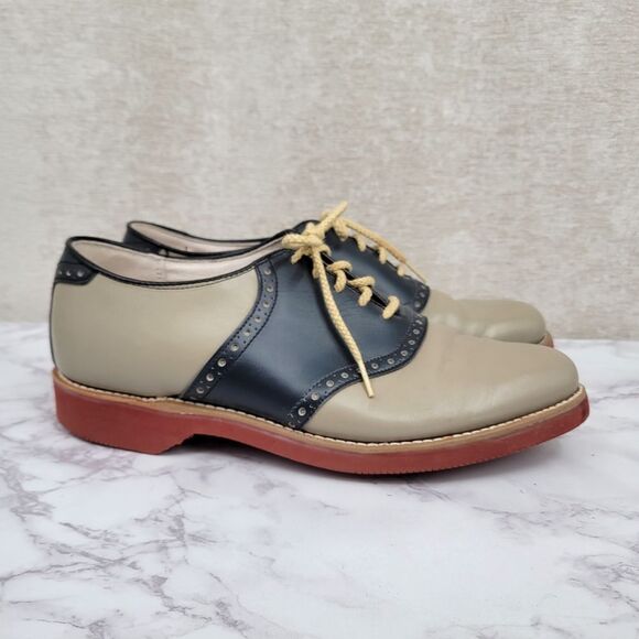 Dexter Vintage Leather Saddle Dress Shoes Oxfords Wing Tip Grayish Taupe Blue - Picture 1 of 10